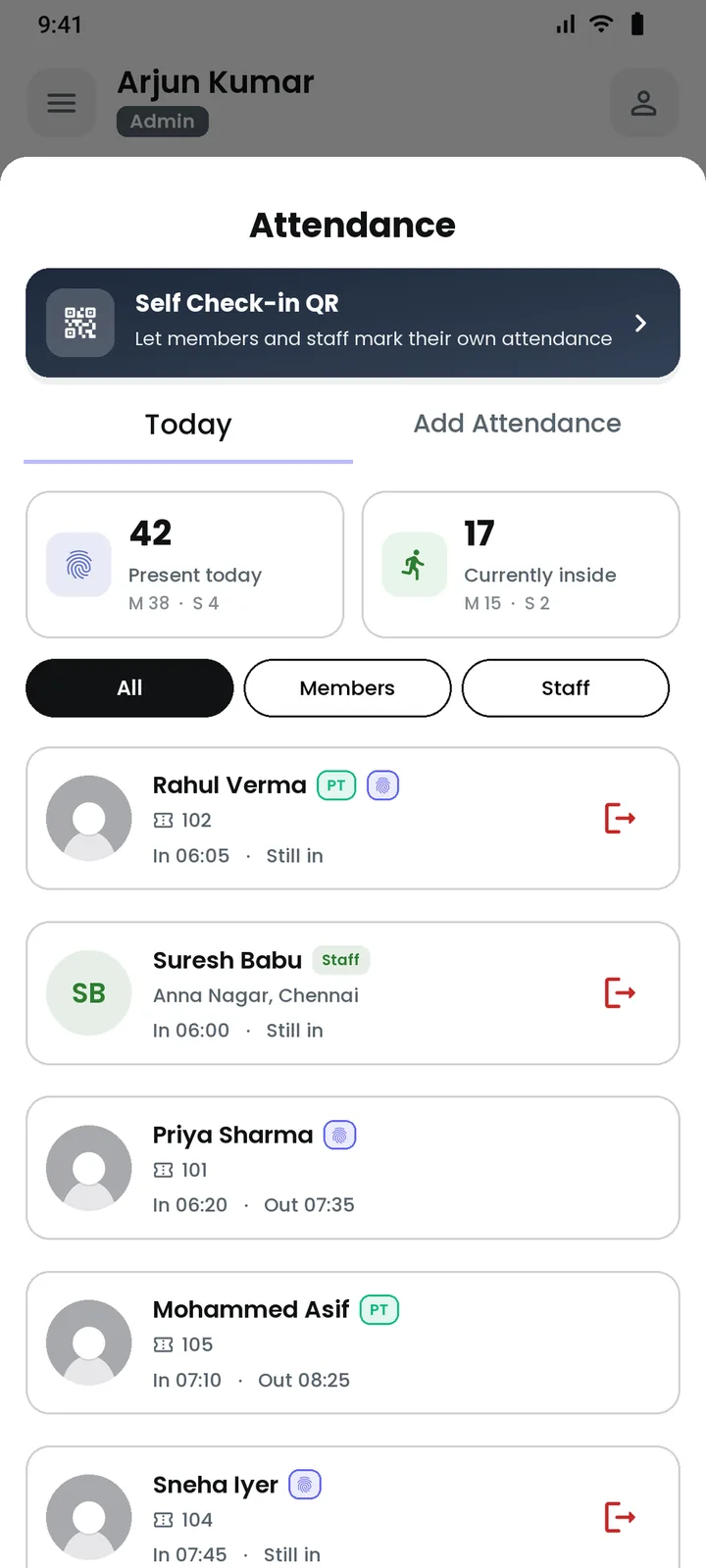 Gym attendance tracking with self check-in QR and biometric in GymOps