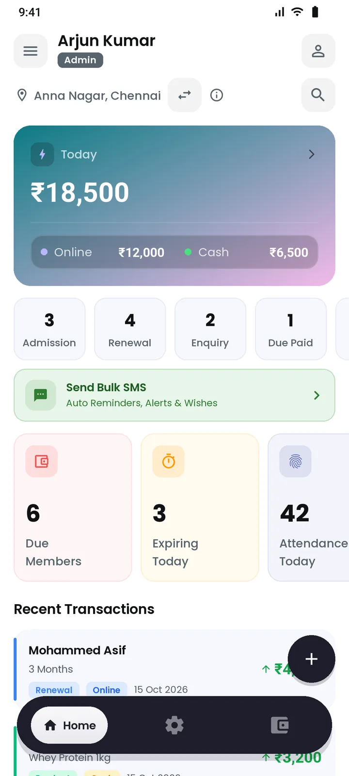 GymOps gym management app dashboard showing today's collection, admissions, renewals, due members and attendance