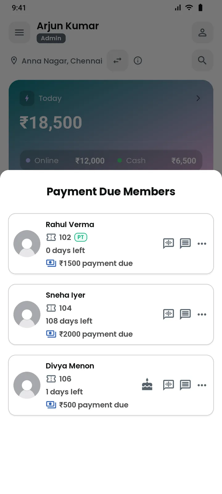 Payment due members list with days left and pending amount in GymOps