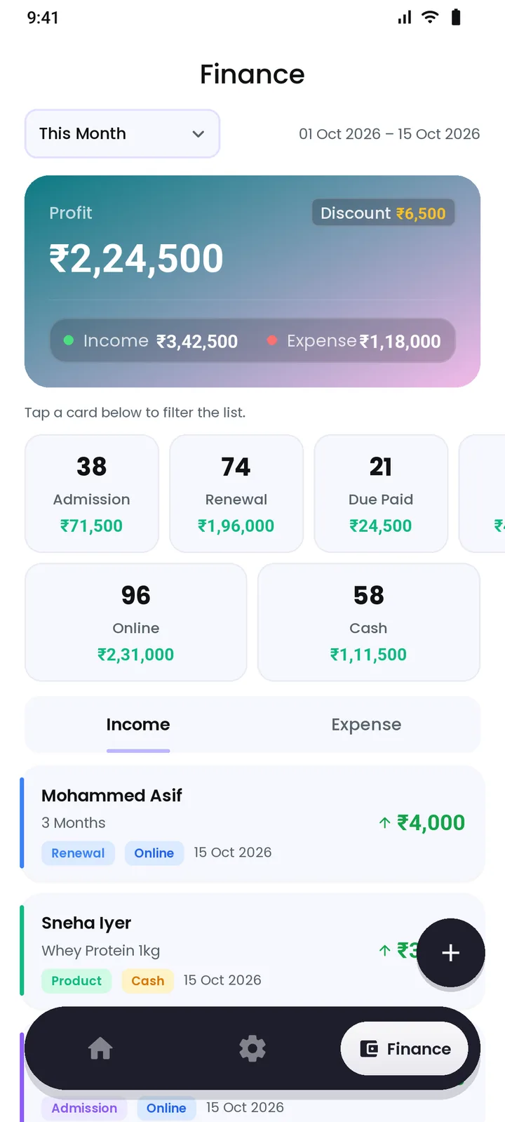 Gym finance report with profit, income, expense, online and cash breakdown