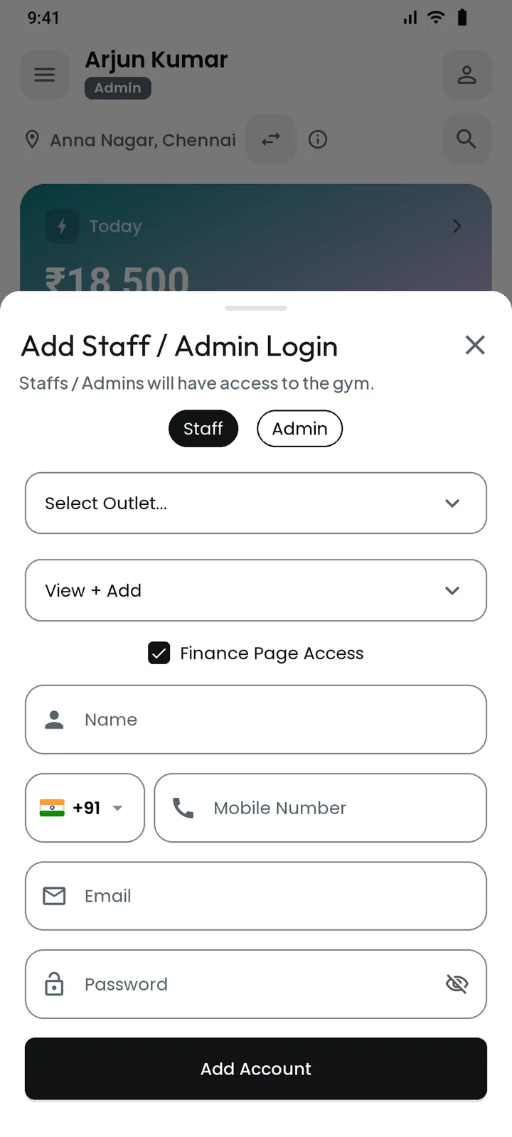 Add gym staff or admin login with outlet and finance access permissions